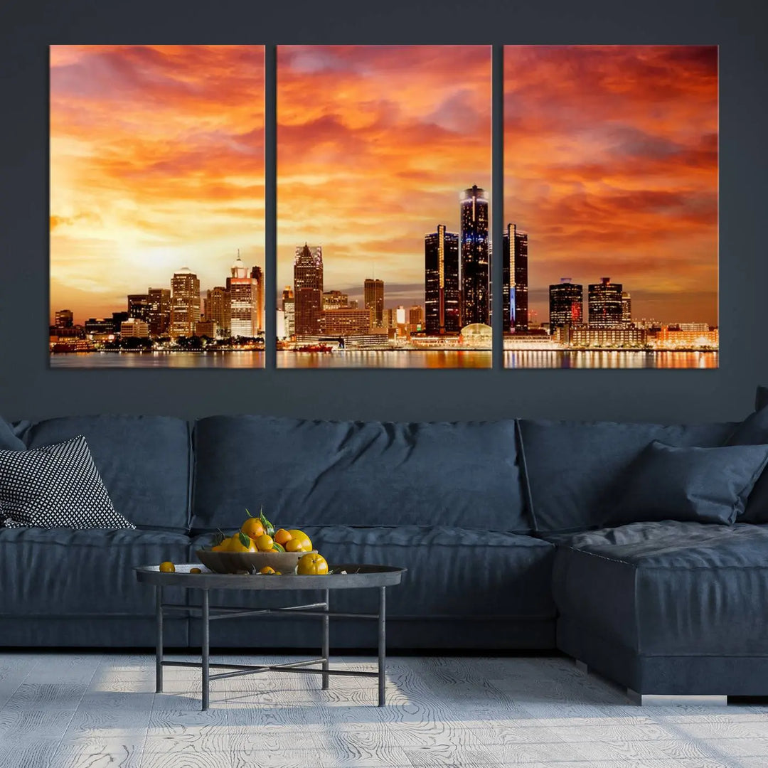 The "Detroit City Lights Sunset Orange Cloudy Skyline Cityscape View Wall Art Canvas Print" presents a stunning city skyline at sunset, divided into three panels. It features warm orange and pink clouds on museum-quality canvas and includes a UV-protective coating for enhanced durability and vibrant colors.