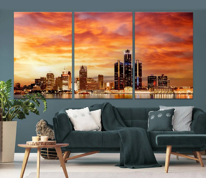 The "Detroit City Lights Sunset Orange Cloudy Skyline Cityscape View Wall Art Canvas Print" presents a stunning city skyline at sunset, divided into three panels. It features warm orange and pink clouds on museum-quality canvas and includes a UV-protective coating for enhanced durability and vibrant colors.