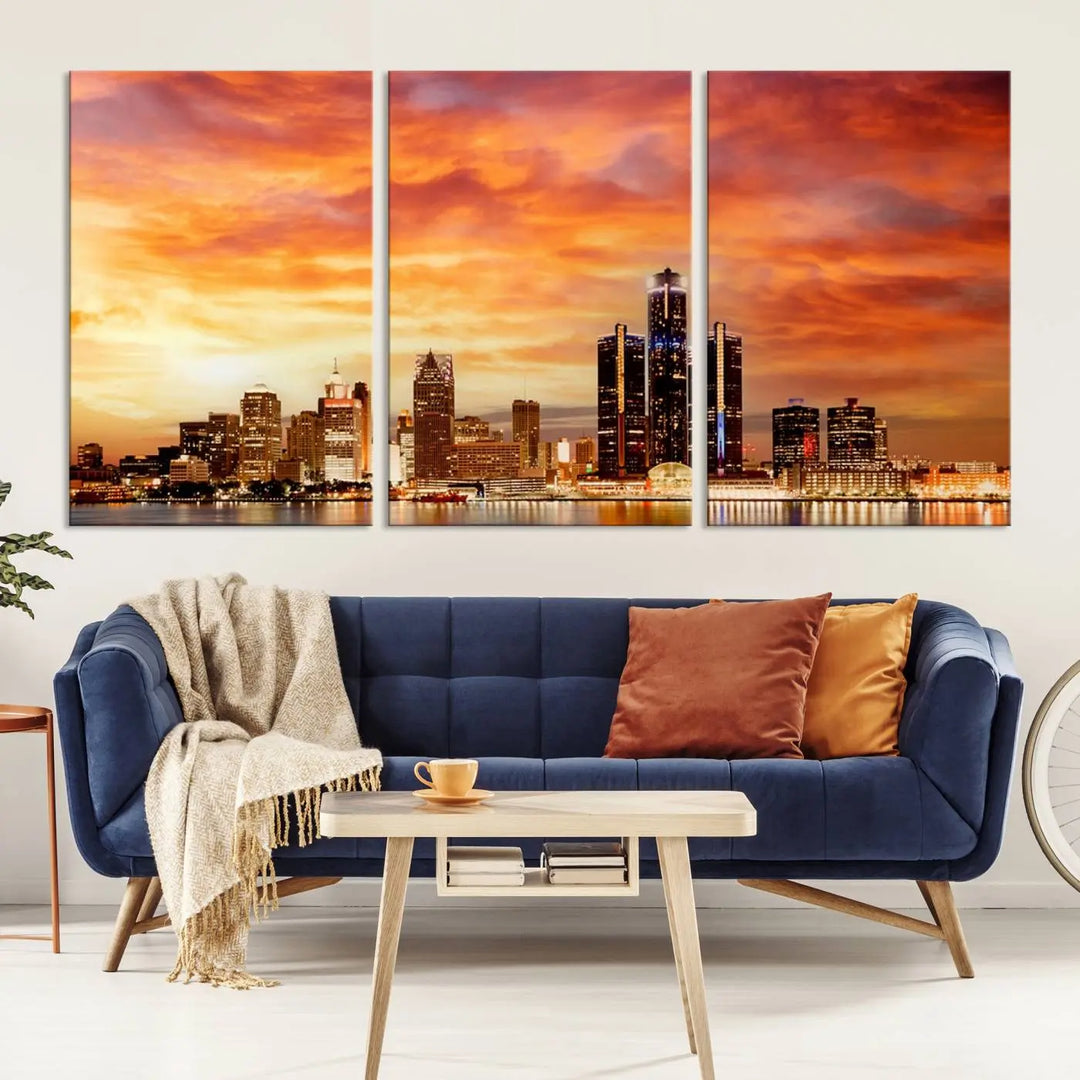 The "Detroit City Lights Sunset Orange Cloudy Skyline Cityscape View Wall Art Canvas Print" presents a stunning city skyline at sunset, divided into three panels. It features warm orange and pink clouds on museum-quality canvas and includes a UV-protective coating for enhanced durability and vibrant colors.