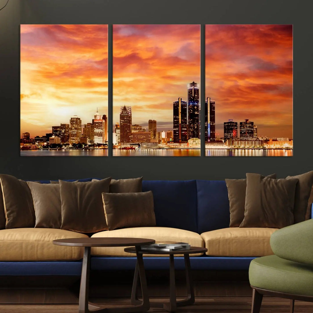 The "Detroit City Lights Sunset Orange Cloudy Skyline Cityscape View Wall Art Canvas Print" presents a stunning city skyline at sunset, divided into three panels. It features warm orange and pink clouds on museum-quality canvas and includes a UV-protective coating for enhanced durability and vibrant colors.