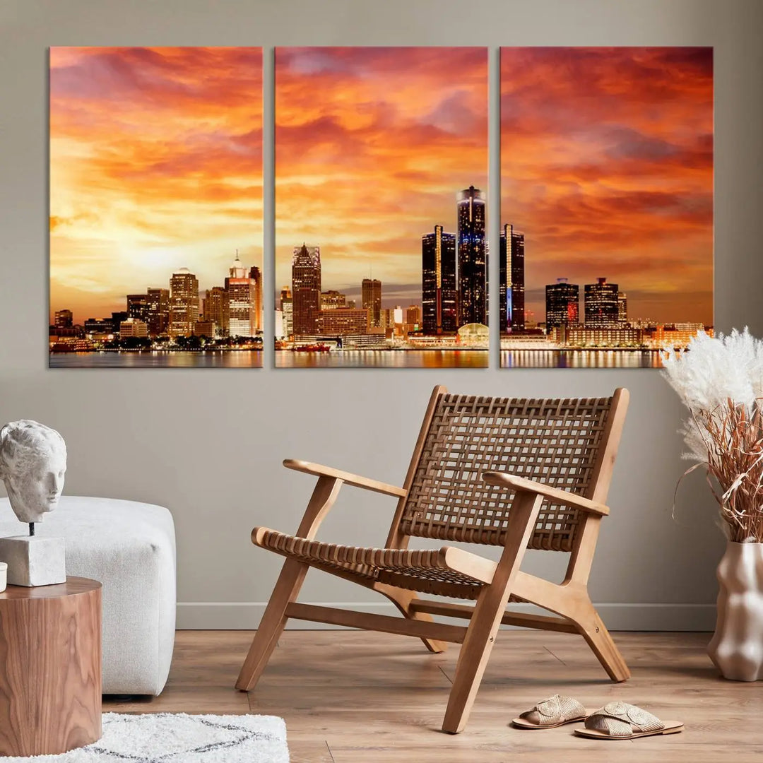 The "Detroit City Lights Sunset Orange Cloudy Skyline Cityscape View Wall Art Canvas Print" presents a stunning city skyline at sunset, divided into three panels. It features warm orange and pink clouds on museum-quality canvas and includes a UV-protective coating for enhanced durability and vibrant colors.