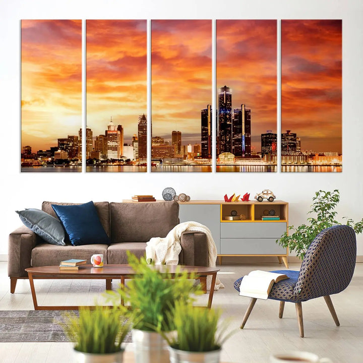 The "Detroit City Lights Sunset Orange Cloudy Skyline Cityscape View Wall Art Canvas Print" presents a stunning city skyline at sunset, divided into three panels. It features warm orange and pink clouds on museum-quality canvas and includes a UV-protective coating for enhanced durability and vibrant colors.