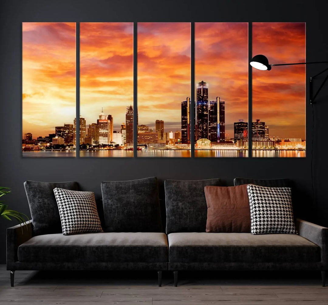 The "Detroit City Lights Sunset Orange Cloudy Skyline Cityscape View Wall Art Canvas Print" presents a stunning city skyline at sunset, divided into three panels. It features warm orange and pink clouds on museum-quality canvas and includes a UV-protective coating for enhanced durability and vibrant colors.