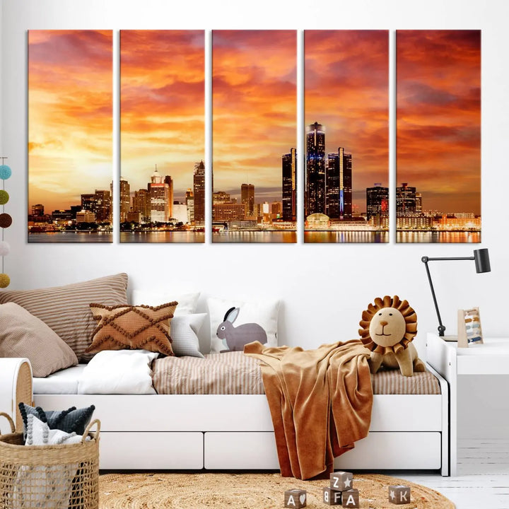 The "Detroit City Lights Sunset Orange Cloudy Skyline Cityscape View Wall Art Canvas Print" presents a stunning city skyline at sunset, divided into three panels. It features warm orange and pink clouds on museum-quality canvas and includes a UV-protective coating for enhanced durability and vibrant colors.