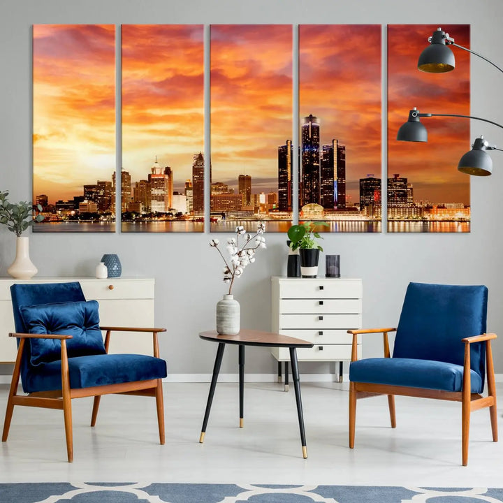 The "Detroit City Lights Sunset Orange Cloudy Skyline Cityscape View Wall Art Canvas Print" presents a stunning city skyline at sunset, divided into three panels. It features warm orange and pink clouds on museum-quality canvas and includes a UV-protective coating for enhanced durability and vibrant colors.