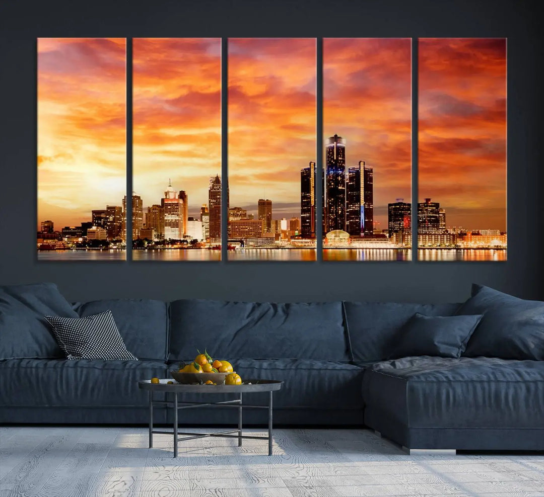 The "Detroit City Lights Sunset Orange Cloudy Skyline Cityscape View Wall Art Canvas Print" presents a stunning city skyline at sunset, divided into three panels. It features warm orange and pink clouds on museum-quality canvas and includes a UV-protective coating for enhanced durability and vibrant colors.