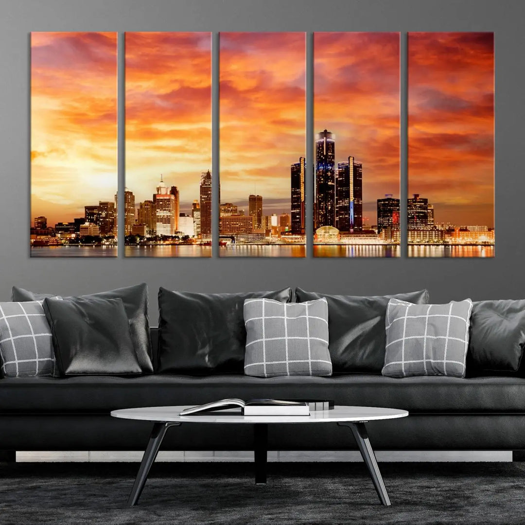 The "Detroit City Lights Sunset Orange Cloudy Skyline Cityscape View Wall Art Canvas Print" presents a stunning city skyline at sunset, divided into three panels. It features warm orange and pink clouds on museum-quality canvas and includes a UV-protective coating for enhanced durability and vibrant colors.