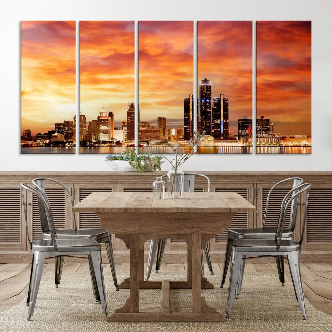 The "Detroit City Lights Sunset Orange Cloudy Skyline Cityscape View Wall Art Canvas Print" presents a stunning city skyline at sunset, divided into three panels. It features warm orange and pink clouds on museum-quality canvas and includes a UV-protective coating for enhanced durability and vibrant colors.