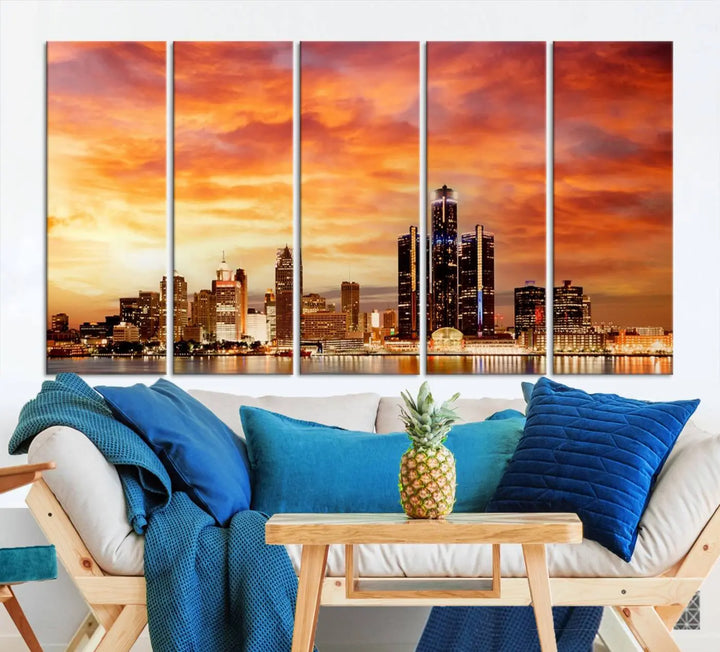 The "Detroit City Lights Sunset Orange Cloudy Skyline Cityscape View Wall Art Canvas Print" presents a stunning city skyline at sunset, divided into three panels. It features warm orange and pink clouds on museum-quality canvas and includes a UV-protective coating for enhanced durability and vibrant colors.