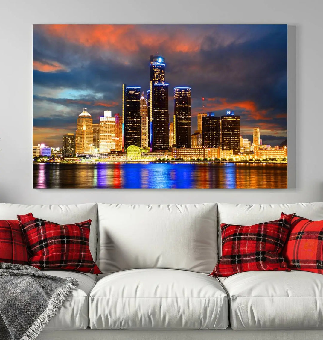 The living room showcases the "Detroit City Lights Sunset Orange Cloudy Skyline Cityscape View Wall Art Canvas Print," elegantly displayed on gallery-wrapped, museum-quality canvas.