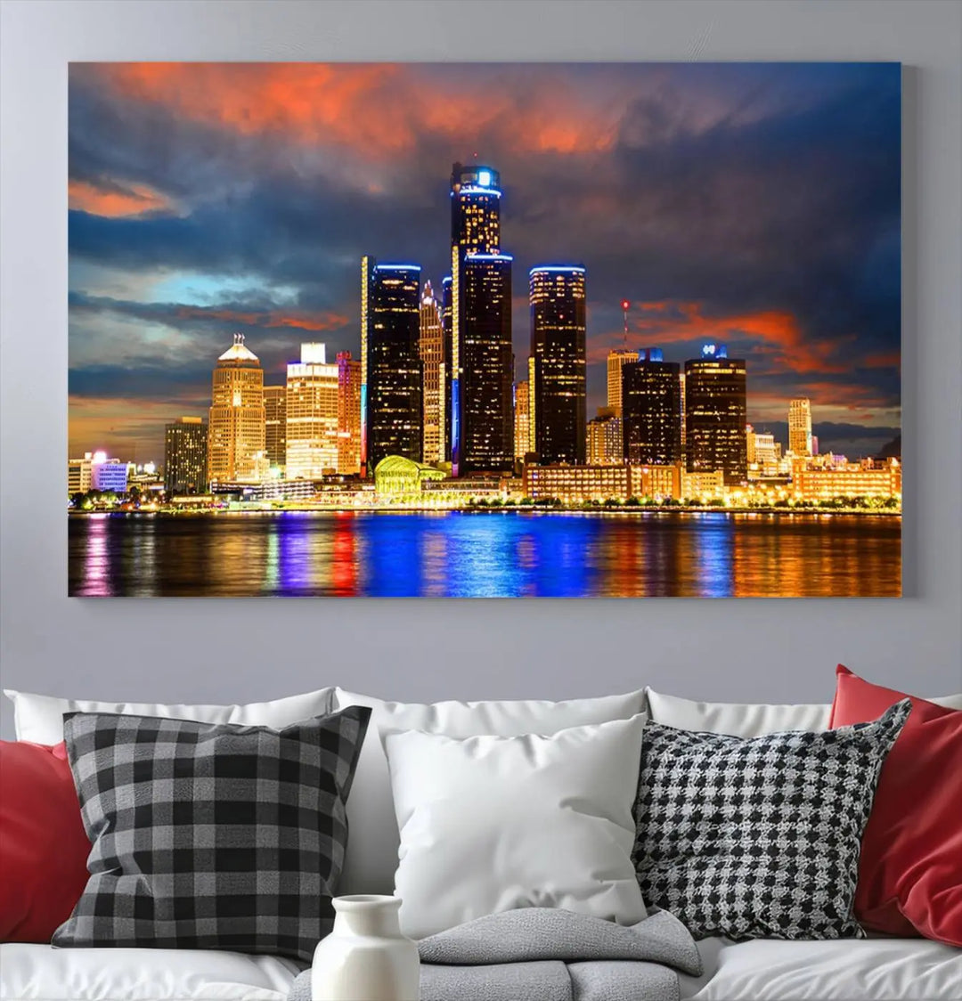 The living room showcases the "Detroit City Lights Sunset Orange Cloudy Skyline Cityscape View Wall Art Canvas Print," elegantly displayed on gallery-wrapped, museum-quality canvas.