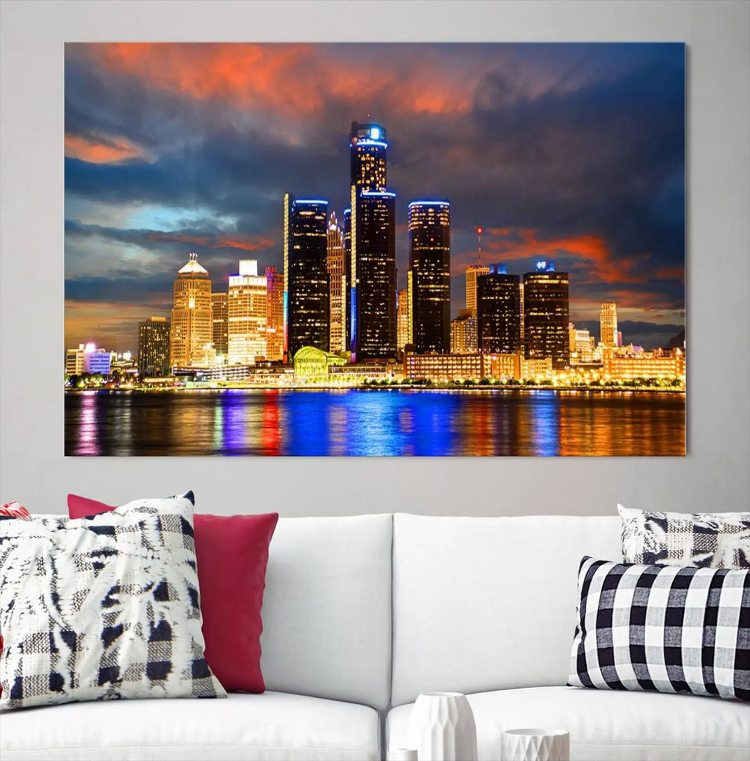 The living room showcases the "Detroit City Lights Sunset Orange Cloudy Skyline Cityscape View Wall Art Canvas Print," elegantly displayed on gallery-wrapped, museum-quality canvas.