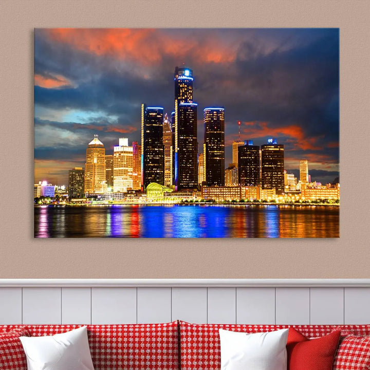 The living room showcases the "Detroit City Lights Sunset Orange Cloudy Skyline Cityscape View Wall Art Canvas Print," elegantly displayed on gallery-wrapped, museum-quality canvas.