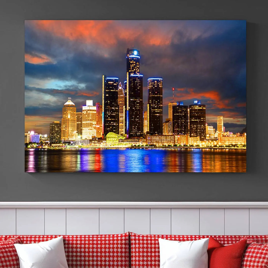 The living room showcases the "Detroit City Lights Sunset Orange Cloudy Skyline Cityscape View Wall Art Canvas Print," elegantly displayed on gallery-wrapped, museum-quality canvas.