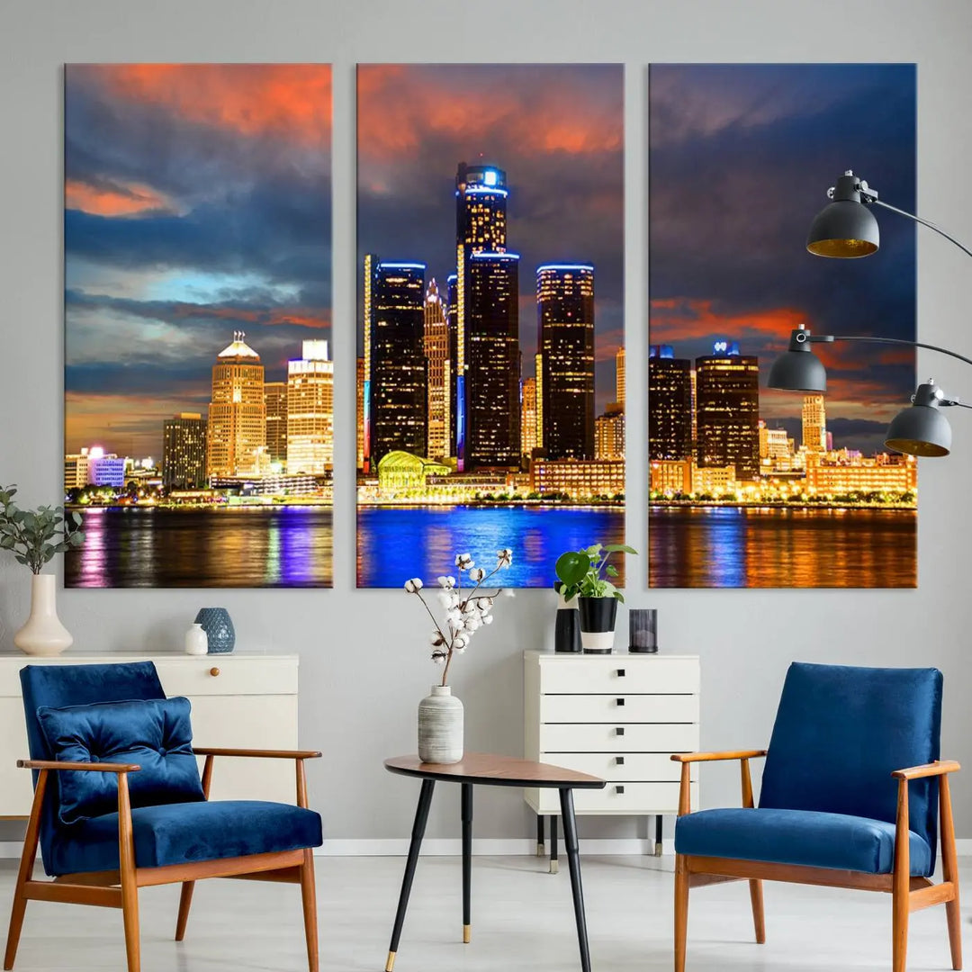 The living room showcases the "Detroit City Lights Sunset Orange Cloudy Skyline Cityscape View Wall Art Canvas Print," elegantly displayed on gallery-wrapped, museum-quality canvas.