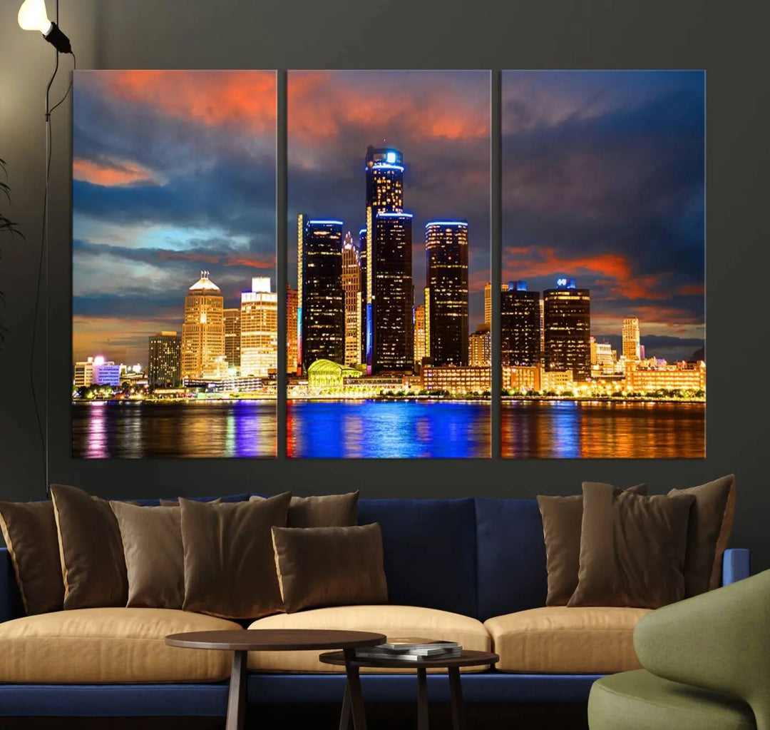 The living room showcases the "Detroit City Lights Sunset Orange Cloudy Skyline Cityscape View Wall Art Canvas Print," elegantly displayed on gallery-wrapped, museum-quality canvas.