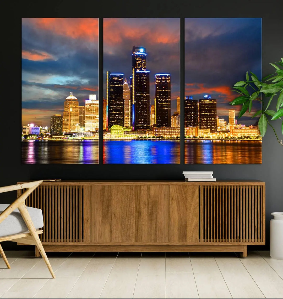 The living room showcases the "Detroit City Lights Sunset Orange Cloudy Skyline Cityscape View Wall Art Canvas Print," elegantly displayed on gallery-wrapped, museum-quality canvas.