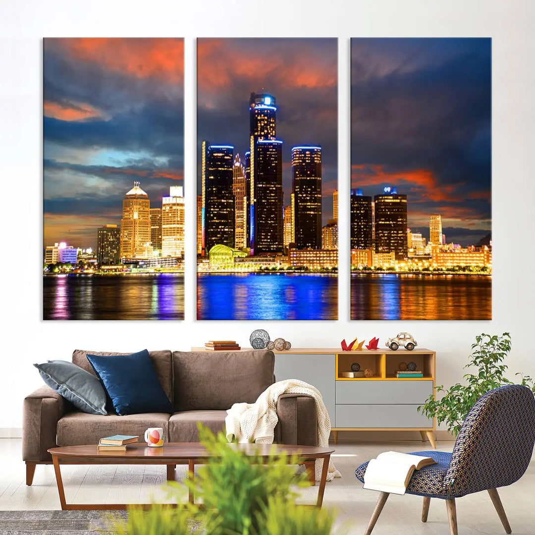 The living room showcases the "Detroit City Lights Sunset Orange Cloudy Skyline Cityscape View Wall Art Canvas Print," elegantly displayed on gallery-wrapped, museum-quality canvas.