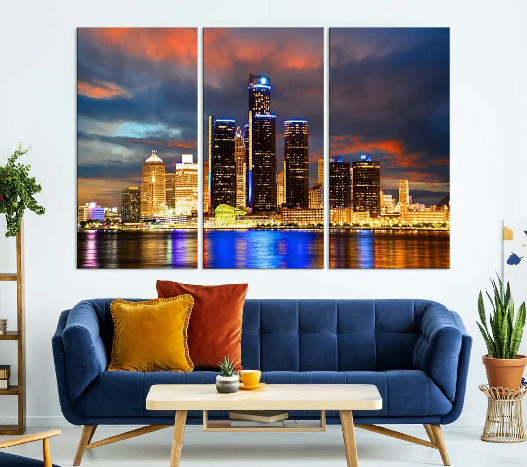 The living room showcases the "Detroit City Lights Sunset Orange Cloudy Skyline Cityscape View Wall Art Canvas Print," elegantly displayed on gallery-wrapped, museum-quality canvas.