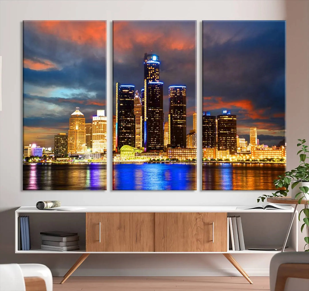 The living room showcases the "Detroit City Lights Sunset Orange Cloudy Skyline Cityscape View Wall Art Canvas Print," elegantly displayed on gallery-wrapped, museum-quality canvas.