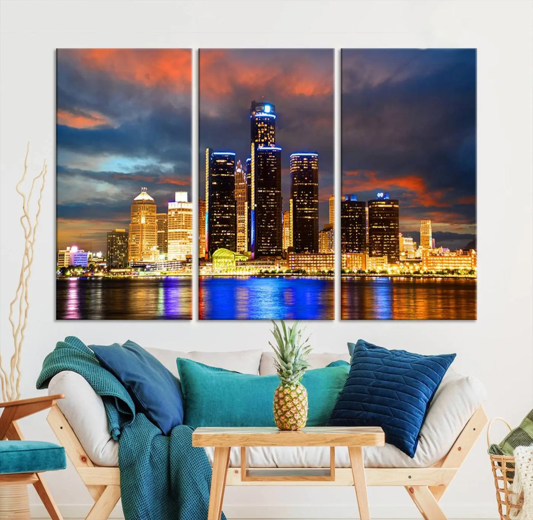 The living room showcases the "Detroit City Lights Sunset Orange Cloudy Skyline Cityscape View Wall Art Canvas Print," elegantly displayed on gallery-wrapped, museum-quality canvas.