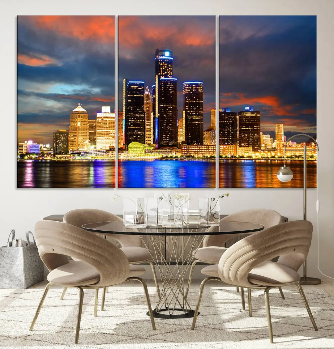 The living room showcases the "Detroit City Lights Sunset Orange Cloudy Skyline Cityscape View Wall Art Canvas Print," elegantly displayed on gallery-wrapped, museum-quality canvas.