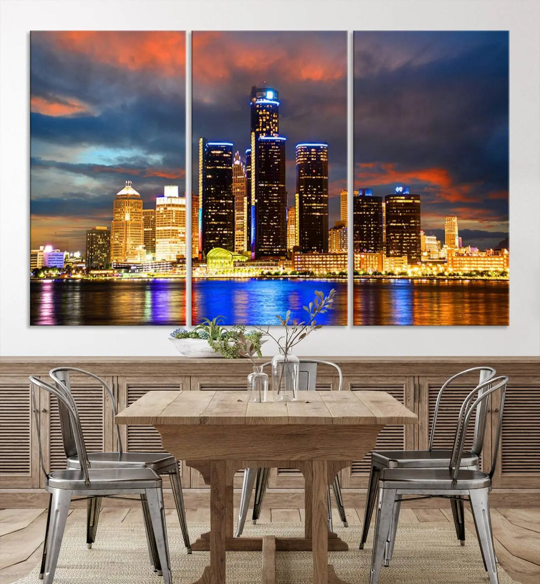 The living room showcases the "Detroit City Lights Sunset Orange Cloudy Skyline Cityscape View Wall Art Canvas Print," elegantly displayed on gallery-wrapped, museum-quality canvas.