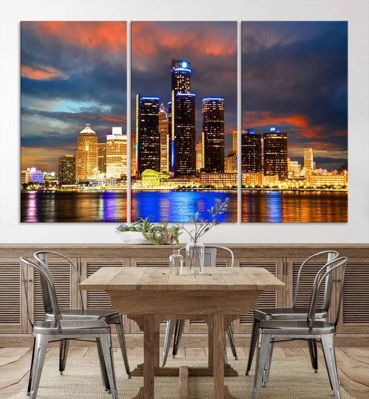 The living room showcases the "Detroit City Lights Sunset Orange Cloudy Skyline Cityscape View Wall Art Canvas Print," elegantly displayed on gallery-wrapped, museum-quality canvas.