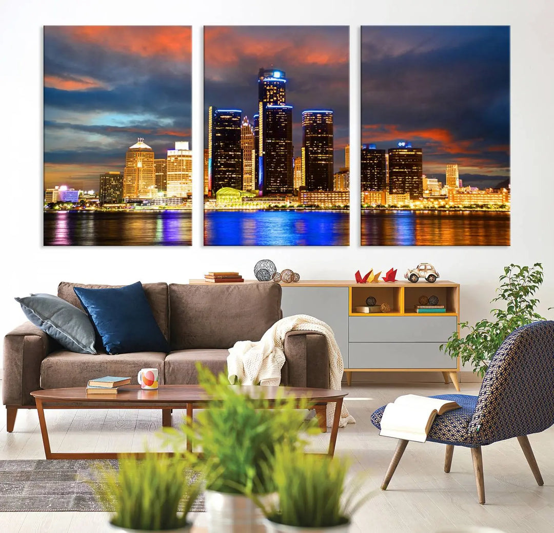 The living room showcases the "Detroit City Lights Sunset Orange Cloudy Skyline Cityscape View Wall Art Canvas Print," elegantly displayed on gallery-wrapped, museum-quality canvas.