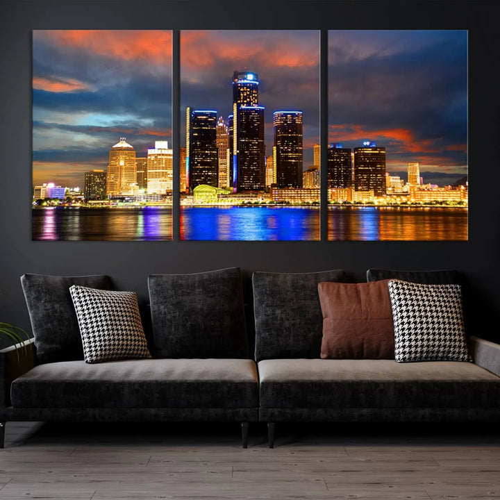 The living room showcases the "Detroit City Lights Sunset Orange Cloudy Skyline Cityscape View Wall Art Canvas Print," elegantly displayed on gallery-wrapped, museum-quality canvas.