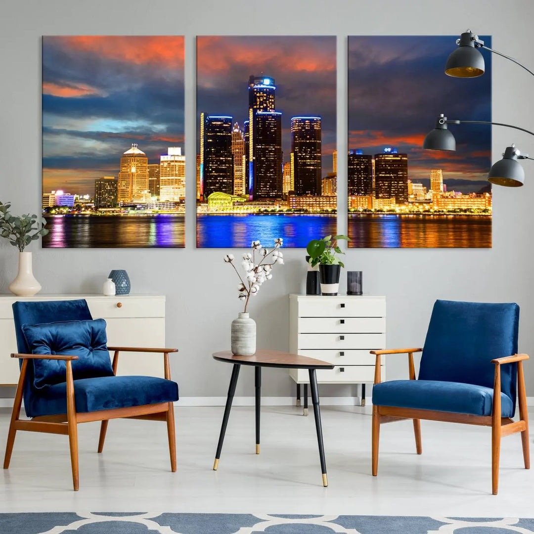 The living room showcases the "Detroit City Lights Sunset Orange Cloudy Skyline Cityscape View Wall Art Canvas Print," elegantly displayed on gallery-wrapped, museum-quality canvas.