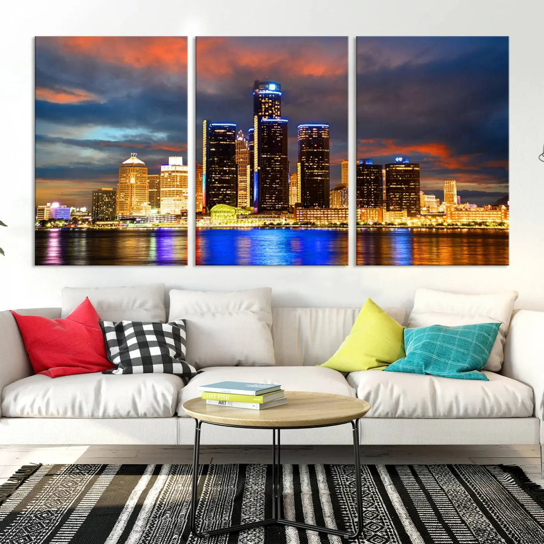 The living room showcases the "Detroit City Lights Sunset Orange Cloudy Skyline Cityscape View Wall Art Canvas Print," elegantly displayed on gallery-wrapped, museum-quality canvas.