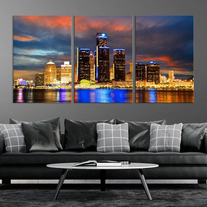 The living room showcases the "Detroit City Lights Sunset Orange Cloudy Skyline Cityscape View Wall Art Canvas Print," elegantly displayed on gallery-wrapped, museum-quality canvas.