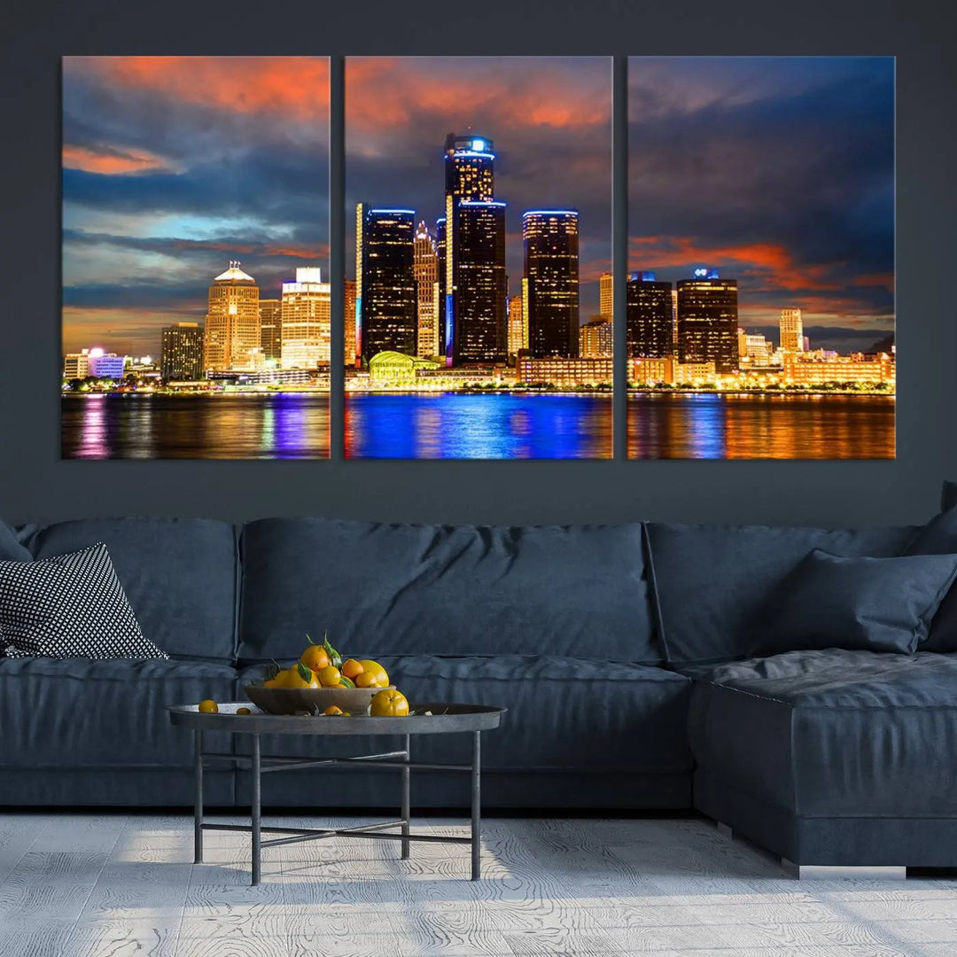 The living room showcases the "Detroit City Lights Sunset Orange Cloudy Skyline Cityscape View Wall Art Canvas Print," elegantly displayed on gallery-wrapped, museum-quality canvas.