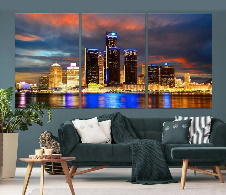 The living room showcases the "Detroit City Lights Sunset Orange Cloudy Skyline Cityscape View Wall Art Canvas Print," elegantly displayed on gallery-wrapped, museum-quality canvas.