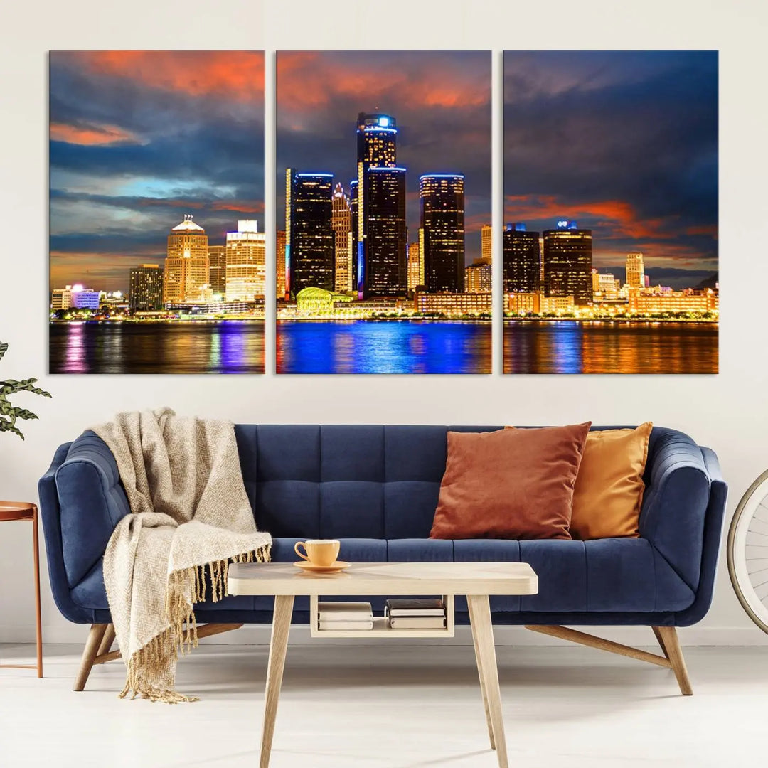 The living room showcases the "Detroit City Lights Sunset Orange Cloudy Skyline Cityscape View Wall Art Canvas Print," elegantly displayed on gallery-wrapped, museum-quality canvas.