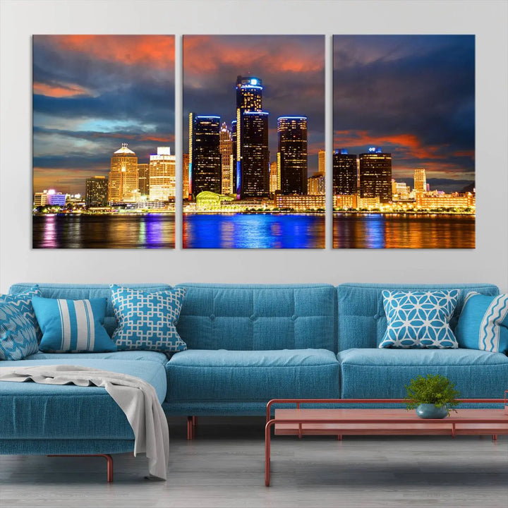 The living room showcases the "Detroit City Lights Sunset Orange Cloudy Skyline Cityscape View Wall Art Canvas Print," elegantly displayed on gallery-wrapped, museum-quality canvas.