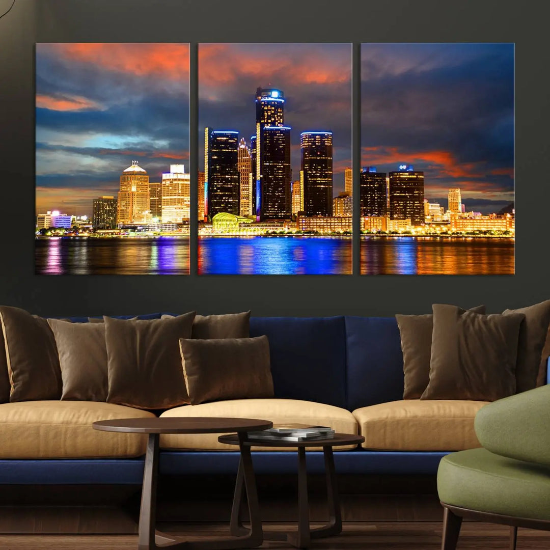 The living room showcases the "Detroit City Lights Sunset Orange Cloudy Skyline Cityscape View Wall Art Canvas Print," elegantly displayed on gallery-wrapped, museum-quality canvas.