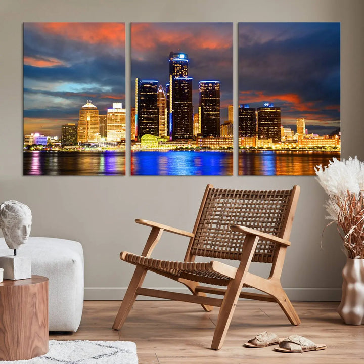 The living room showcases the "Detroit City Lights Sunset Orange Cloudy Skyline Cityscape View Wall Art Canvas Print," elegantly displayed on gallery-wrapped, museum-quality canvas.