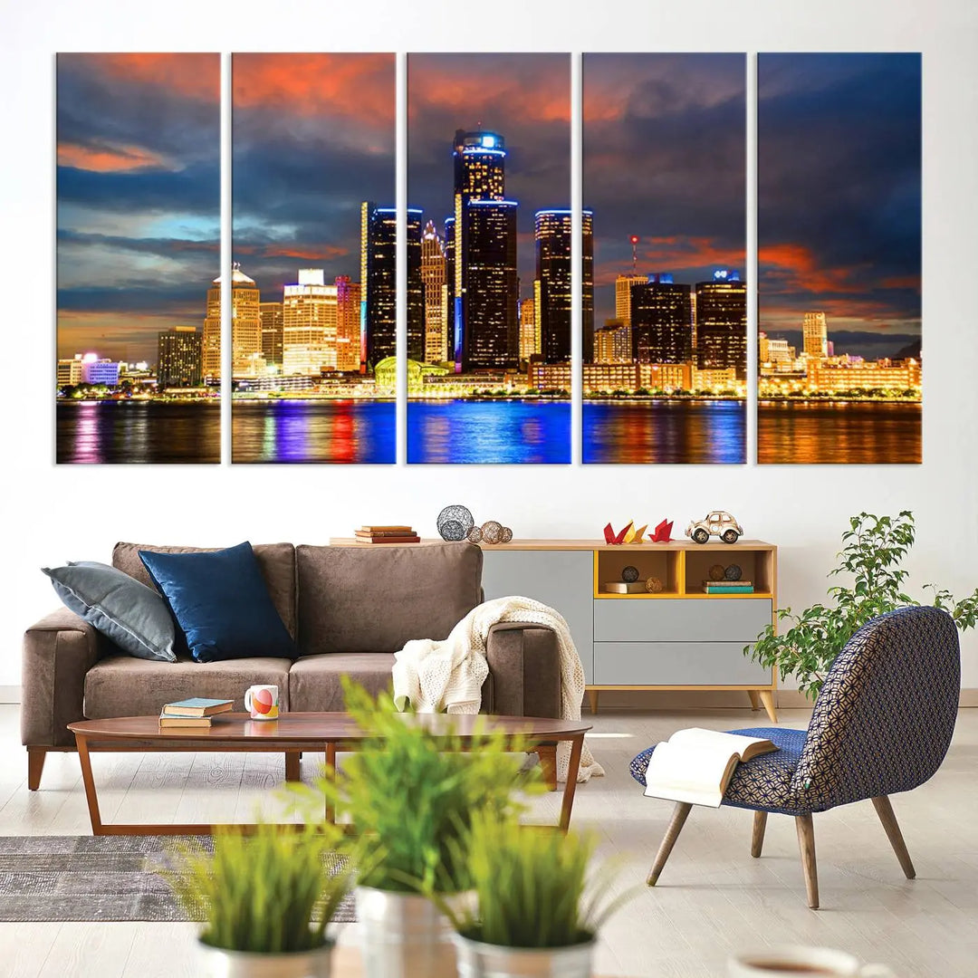 The living room showcases the "Detroit City Lights Sunset Orange Cloudy Skyline Cityscape View Wall Art Canvas Print," elegantly displayed on gallery-wrapped, museum-quality canvas.