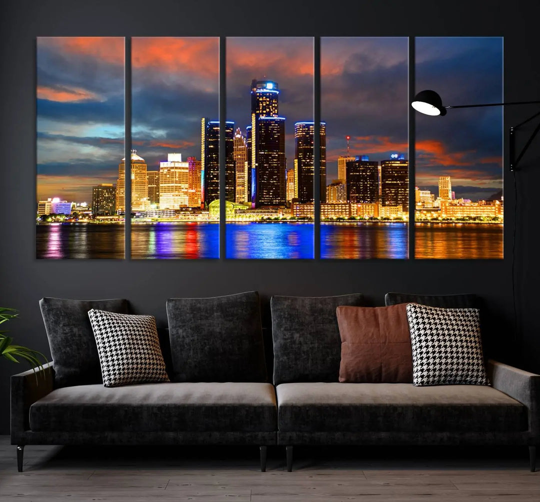 The living room showcases the "Detroit City Lights Sunset Orange Cloudy Skyline Cityscape View Wall Art Canvas Print," elegantly displayed on gallery-wrapped, museum-quality canvas.