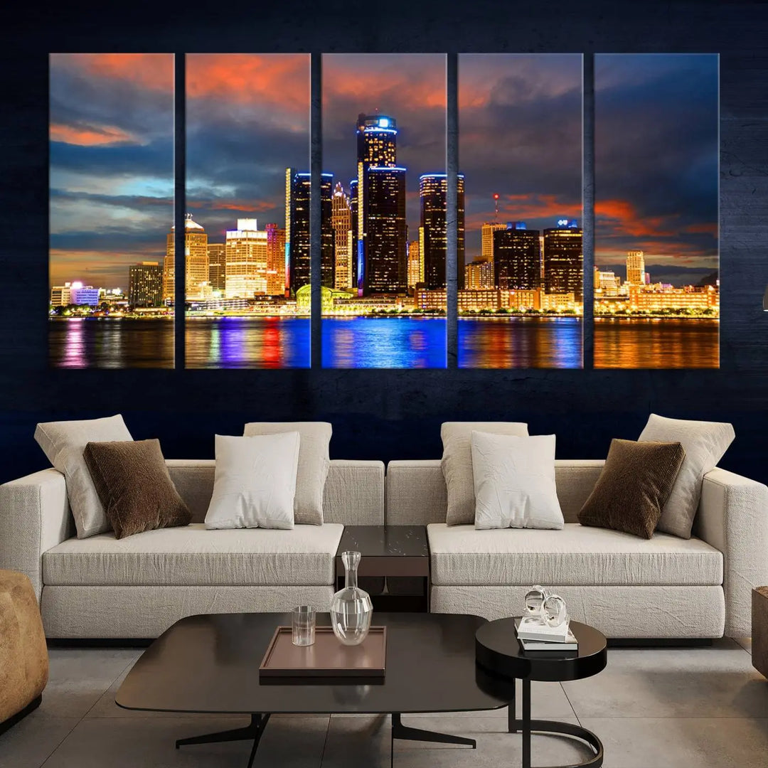 The living room showcases the "Detroit City Lights Sunset Orange Cloudy Skyline Cityscape View Wall Art Canvas Print," elegantly displayed on gallery-wrapped, museum-quality canvas.