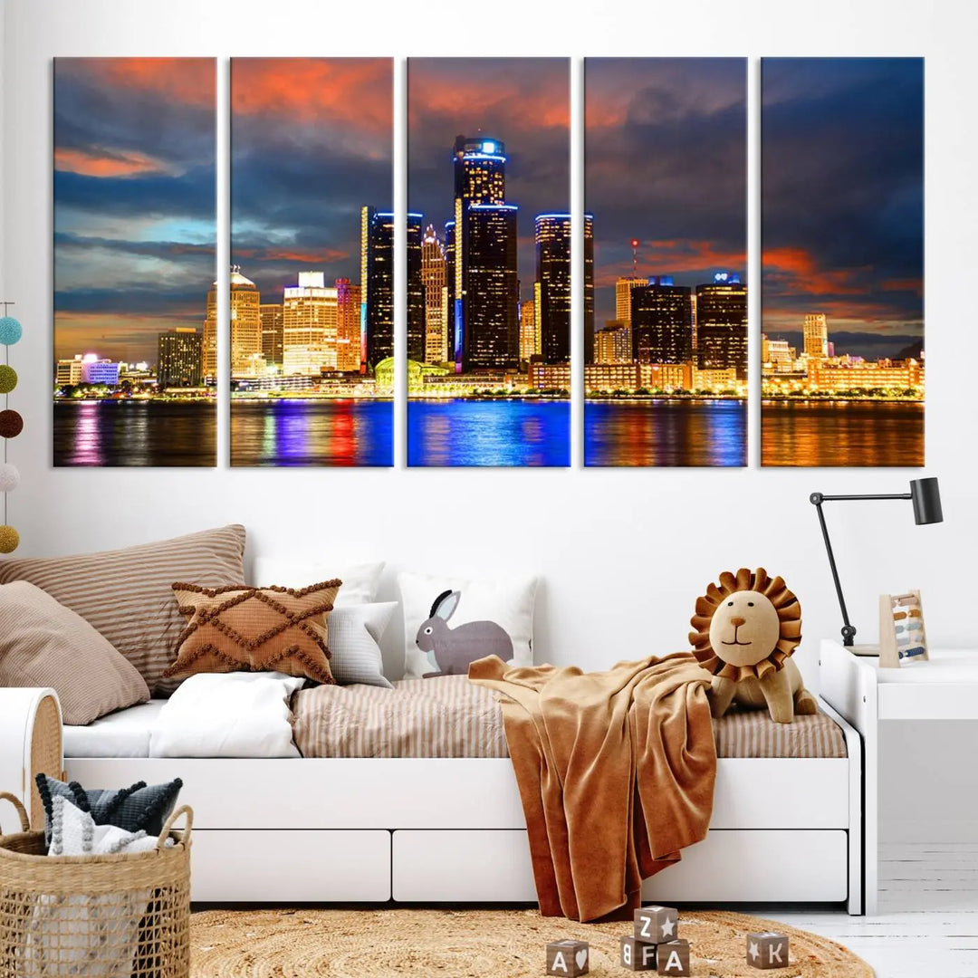 The living room showcases the "Detroit City Lights Sunset Orange Cloudy Skyline Cityscape View Wall Art Canvas Print," elegantly displayed on gallery-wrapped, museum-quality canvas.