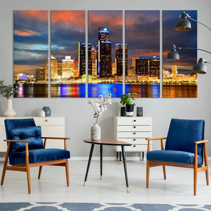 The living room showcases the "Detroit City Lights Sunset Orange Cloudy Skyline Cityscape View Wall Art Canvas Print," elegantly displayed on gallery-wrapped, museum-quality canvas.