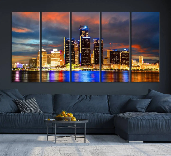 The living room showcases the "Detroit City Lights Sunset Orange Cloudy Skyline Cityscape View Wall Art Canvas Print," elegantly displayed on gallery-wrapped, museum-quality canvas.