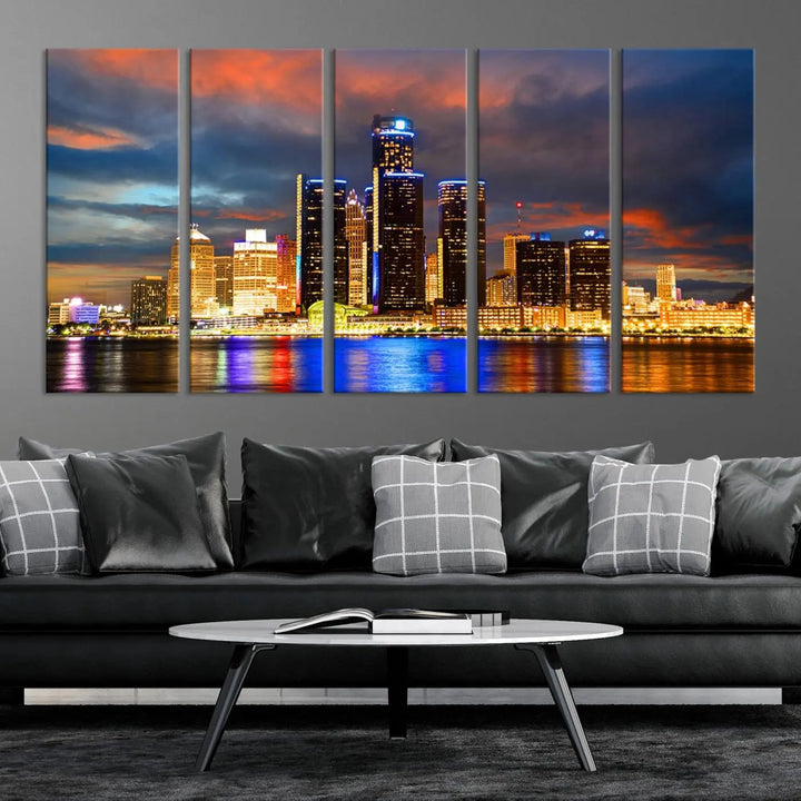 The living room showcases the "Detroit City Lights Sunset Orange Cloudy Skyline Cityscape View Wall Art Canvas Print," elegantly displayed on gallery-wrapped, museum-quality canvas.