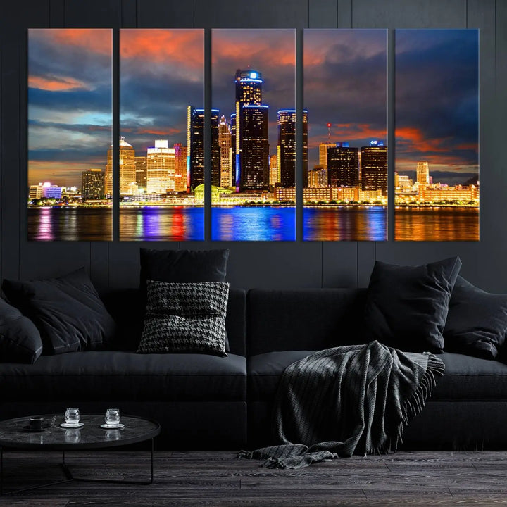 The living room showcases the "Detroit City Lights Sunset Orange Cloudy Skyline Cityscape View Wall Art Canvas Print," elegantly displayed on gallery-wrapped, museum-quality canvas.