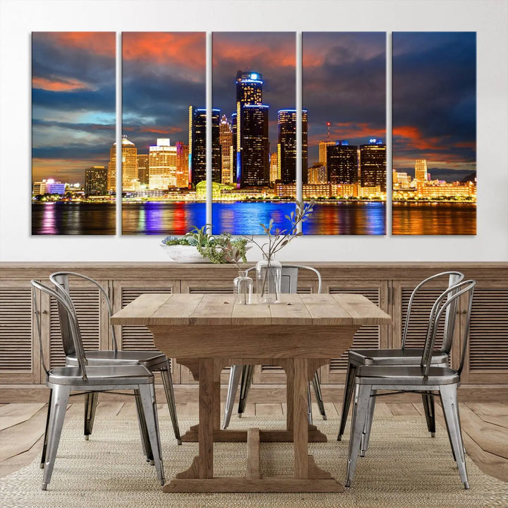 The living room showcases the "Detroit City Lights Sunset Orange Cloudy Skyline Cityscape View Wall Art Canvas Print," elegantly displayed on gallery-wrapped, museum-quality canvas.