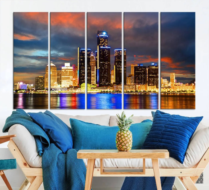 The living room showcases the "Detroit City Lights Sunset Orange Cloudy Skyline Cityscape View Wall Art Canvas Print," elegantly displayed on gallery-wrapped, museum-quality canvas.