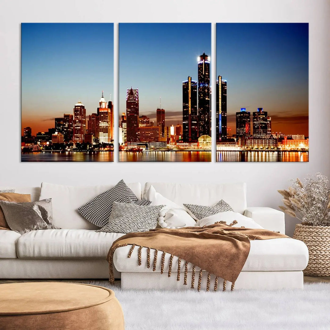 The "Detroit City Lights Sunset Skyline Cityscape View Wall Art Canvas Print," a museum-quality piece with a UV-protective coating, is displayed in this modern living room.